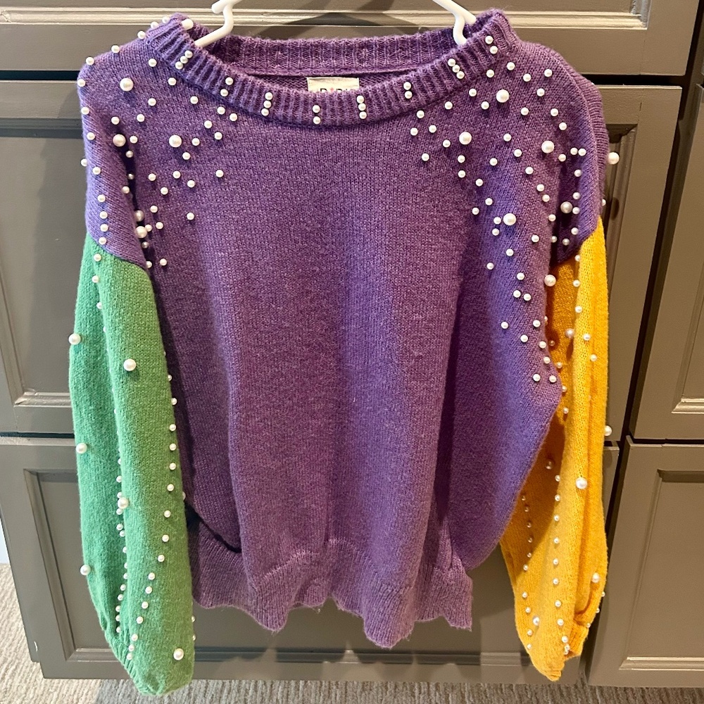 Mardi Gras Sweater with Pearl Embellishment